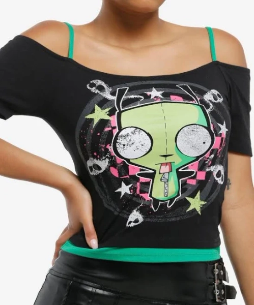 Invader Zim Girls Gir Skull & Star Cold Shoulder Crop Top