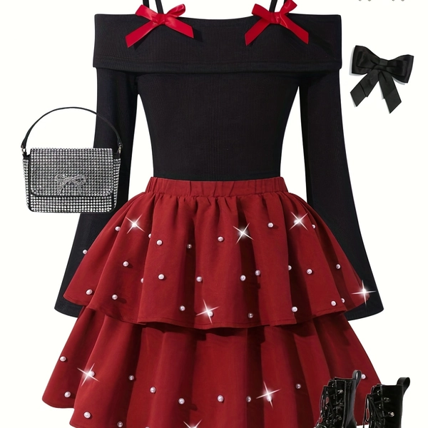 Spring Autumn Fashion New Style, Easy Youthful Fashion Elegant Camisole Knit Long Sleeve Top, Matching Red Beaded Design Cake Dress, Daily Casual Versatile Outing Playdate Party Picnic Campus Style