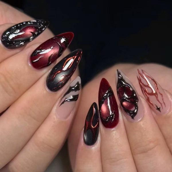 24PCS Dark Almond Press on Nails Wine Red Cat Eye French Fake Nails for Spice Girls Sweet Cool Silver Patterns Wearable Manicure
