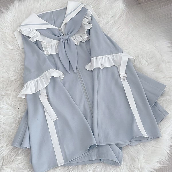 [£58.66]Light Blue Jirai Kei Full Set - Sailor Collor Detachable Sleeves Dress + Shorts + Free Scarf