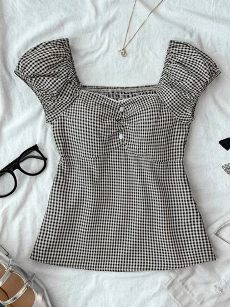 SHEIN Tween Girls' Casual Minimalist Comfortable Plaid Button Down Shirt With Back Detail