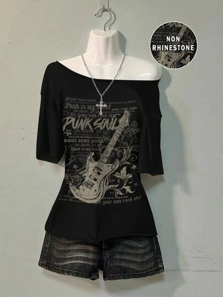 Attitoon Attitoon Women's Casual Guitar Rock Print Loose-Fitting T-Shirt, Perfect For Summer And Autumn Wear.