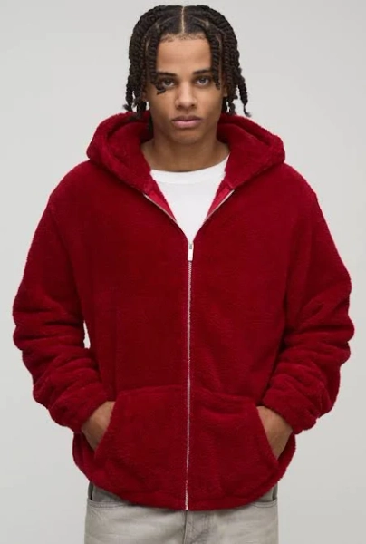 boohooMAN Men's Regular Fit Fluffy Borg Embroidered Denim Hoodie