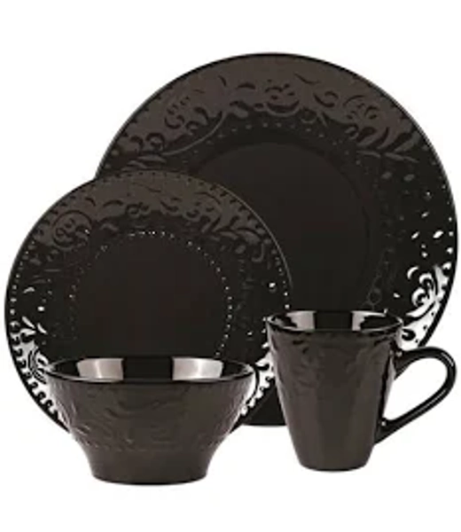 Lorren Home Trends 16 Piece Stoneware Scroll Dinnerware Set, Service for 4 - Black