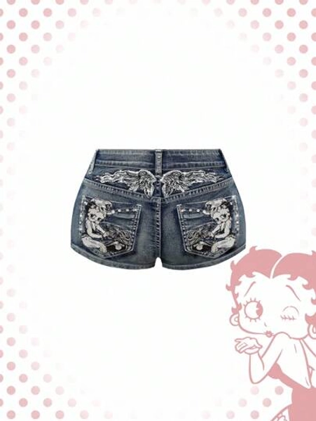 Betty Boop | ROMWE Spring/Summer Vintage Millennium Punk Super Low Waist Super Short Embroidered Pistol Women's Denim Shorts - Size L