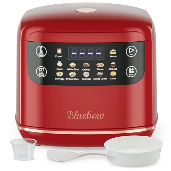 Bluebow Digital Rice Cooker, 6-Cup/2.1QT Small Rice Maker, 10 Presets, 24-Hour Delay Timer & Keep Warm, Non-Stick Inner Pot, Red