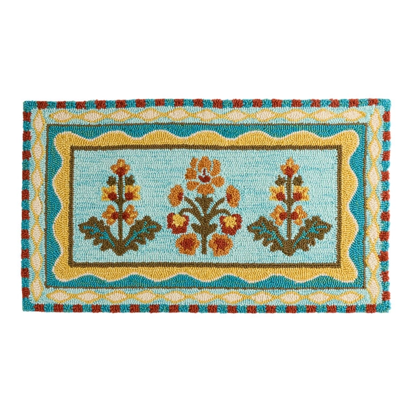Golden Orange and Teal Poppy Hand Hooked Indoor Outdoor Rug