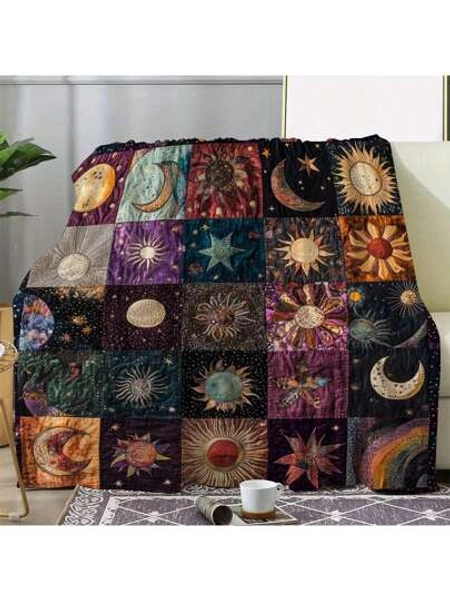 1 Piece Of Vintage Sun And Moon Printed Flannel Blanket - Comfortable Blue And White Flannel Blanket With Digital Printing, Machine Washable, Perfect For Travel, Sofas, Beds, Offices, And Home Decor - Ideal Birthday And Holiday Gifts For Boys, Girls, And Adults