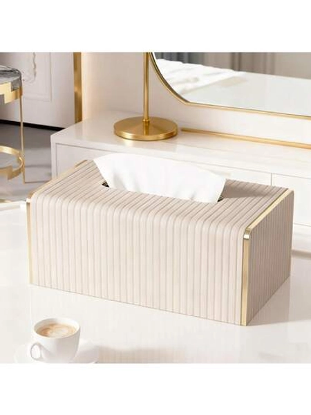 Striped PU Leather Paper Towel Box, Nordic Luxury Style Hotel Gold Rim Tissue Box For Living Room Bedroom, Creative Large Napkin Dispenser, Mother's Day Gift Home Bathroom Decor Bathroom Organizer Fall Decor Back To School - Size Milk Tea Color
