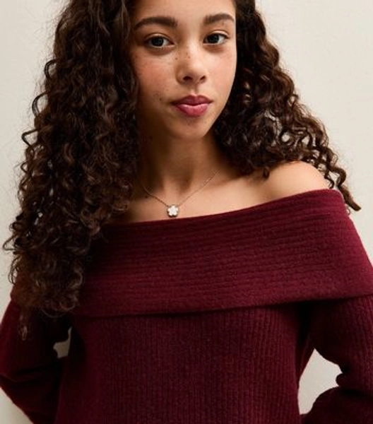Girls Dark Burgundy Off The Shoulder Rib Jumper | New Look