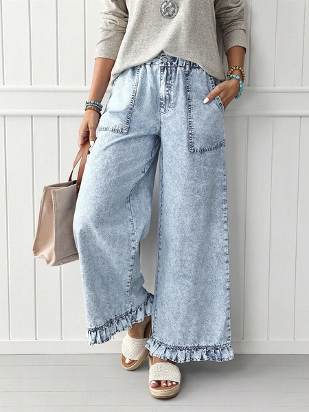 EMERY ROSE Wide Leg Denim Pants With Elastic Waistband And Ruffle Hem For Women