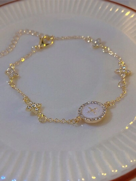 1pc Women's Fashionable & Elegant Ornate Luxury Diamond Studded Star Ray Cross Round Pendant Chain Bracelet, Suitable For Daily Wear