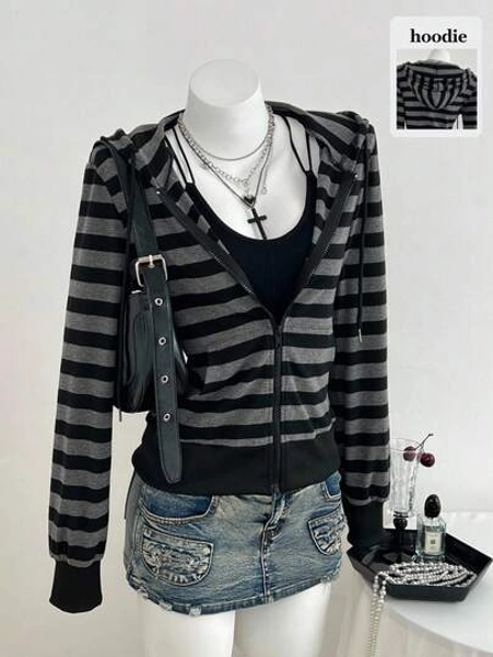 Elamini Gray & Black Striped Long Sleeve Loose Ribbed Zip-Up Hoodie Sweatshirt For Women, Elegant & Cute, Suitable For School, Graduation, Casual, Sports, Daily Wear In Autumn/Winter