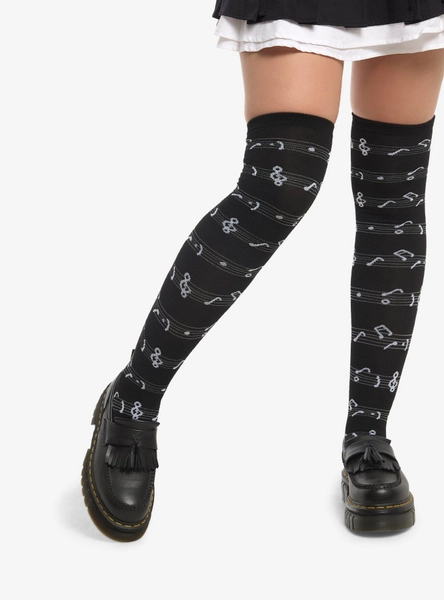 Black Music Note Thigh-High Socks