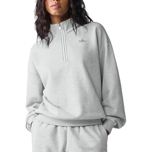 Alo Yoga Accolade Pullover Top | 1/4 Zip | Boxy, Oversized, Rib-Cuff | French Terry | Athletic Heather Grey