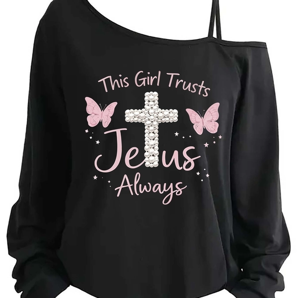 Plus Size - Plus Size - This Trusts Always, Pearl Cross Women'S Plus Size, Asymmetrical Single Shoulder Long Sleeve, Casual Printed T-Shirt, Party Wear, Elegant Style, Spring, Summer, Autumn, And Winter Collection, Fashionable Style