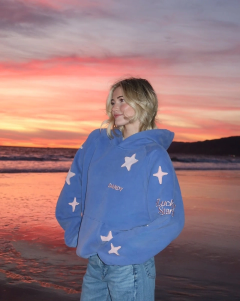 "Lucky Stars" Oversized Lux Hoodie in Vintage Washed Blue - Extra Small