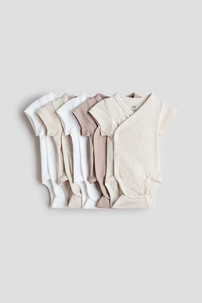 5-pack Cotton Bodysuits - Beige/white