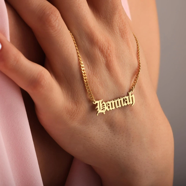 Personalized Old English Name Necklace, Gothic Font Nameplate Jewelry, Custom Gold or Silver Pendant, Edgy Goth Necklace Gift for Women
