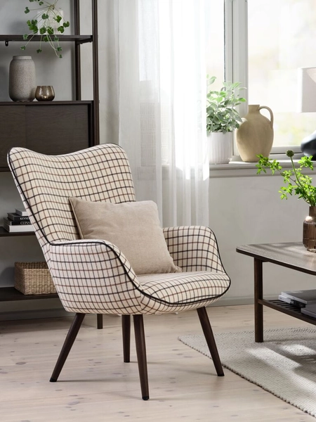 Fauteuil BIERSTED à carreaux tissu beige/brun