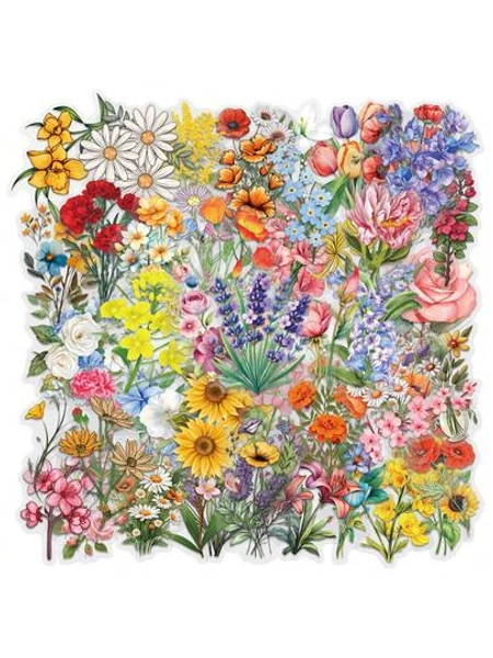 62pcs Flower Sticker Set, Decorative Stickers Suitable For Luggage, Diary, Scrapbook, Water Bottle, Laptop, Computer, Skateboard, Notebook, PET Transparent Stickers