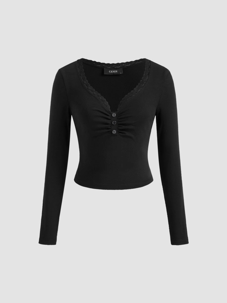Cotton-blend V-neck Solid Lace Trim Button Ruched Long Sleeve Top
