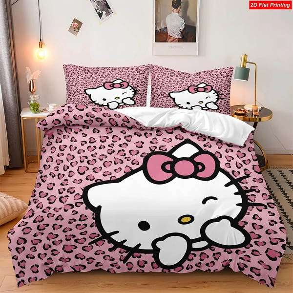 2/3pcs Sanrio Hello Kitty Pink Heart Pattern Duvet Cover Set with Bow Pattern for Bedding Decoration And Sleep Experience(Duvet Cover+Pillowcase, Without Core)