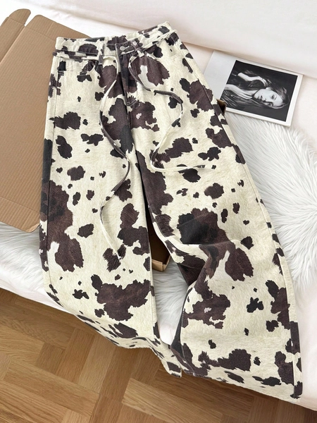 Comfortcana Women's Cotton Loose Cow Print Insert-Pocket Wide Leg Casual Jeans, Western, Going Out, Vintage, Streetwear