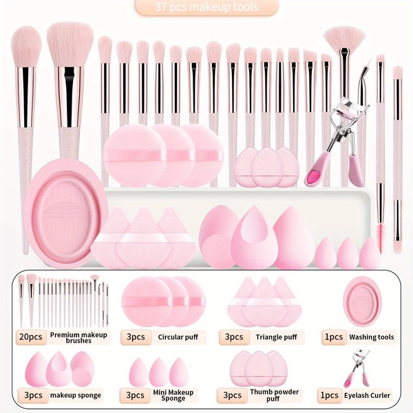 37pcs Comprehensive Facial Makeup Tool Set: 20 Multi-Functional Makeup Brushes + 6 Powder Puffs (3 Round, 3 Triangle) + 6 Makeup Sponges (3 Large, 3 Small) + 3 Thumb Puffs + 1 Eyelash Curler + 1 Brush Cleaning Bowl – High-Value Full Makeup Tool Kit