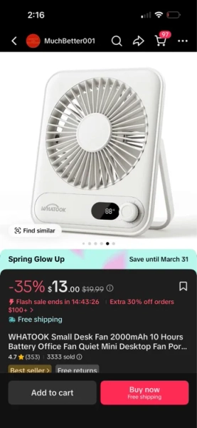 WHATOOK Small Desk Fan 2000mAh 10 Hours Battery Office Fan Quiet - TikTok Shop