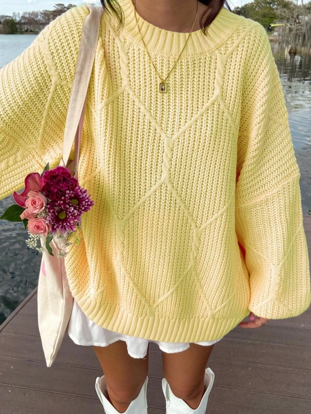 Women's Oversized Cable Knit Solid Color Long Sleeve Sweater, Crew Neck Chunky Warm Thick Autumn Winter Cute Pullover Sweater For Casual Daily Wear, Fall, Winter