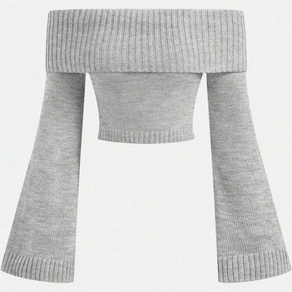 SHEIN Off-Shoulder Cropped Flare Sleeve Slim Fit Sweater