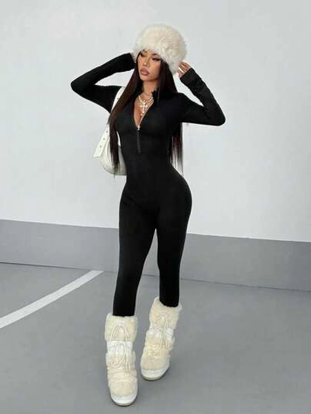 StreetHx Women's Streetwear Solid Color Long Sleeve Half Zip Jumpsuit, Autumn