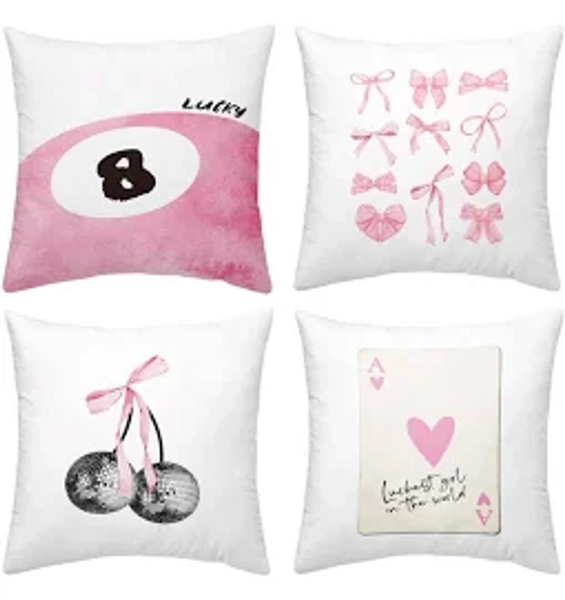 4 Pcs Cute Printed Pillow Covers, 18 x 18" Preppy Aesthetic Cushion Covers with Pink Coquette Bow & Cherry Design, Trendy Y2K Coquette Room Decor for