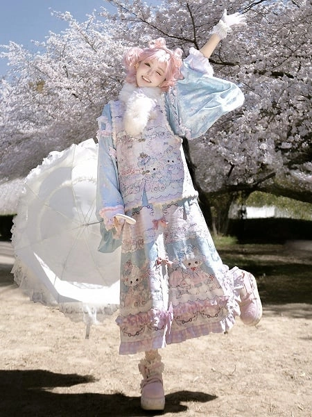 [£68.72]Lamb Print Blue Han Lolita Dress with Wide Sleeves and Ruffle Details