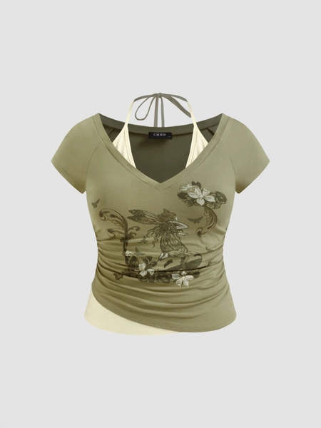 Cotton-blend V-neck Graphic Two Tone Ruched Top Curve & Plus
