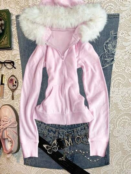 SHEIN Women's Fur Collar Hooded Slim Fit Sweatshirt Jacket - Size XL