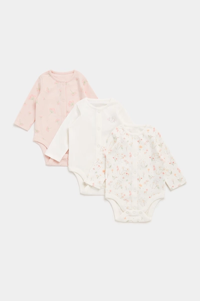 Mothercare Girls 100% Cotton Full Sleeves Bodysuit - Pack of 3 - White - Mothercare