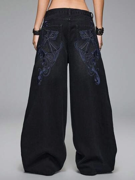 ROMWE Grunge Punk Punk Distressed Cross & Vine Washed Oversized Straight Leg Extra Long Jeans