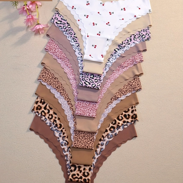 10pcs - Autumn and Winter Melody Leopard & Cherry Fruit Print Women'S Underwear Sexy Wave Seamless Smooth Comfortable Breathable Women'S Underwear