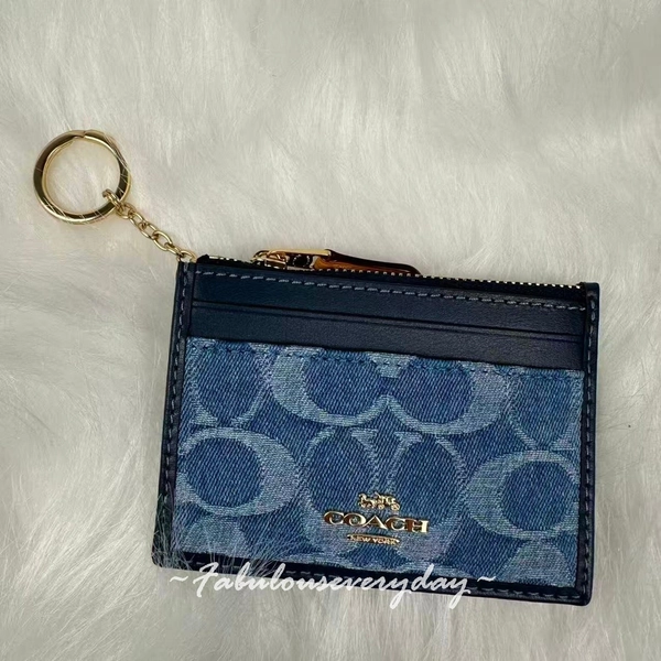 Coach Mini Skinny Id Case In Signature Denim With Keyring CDF94 NWT