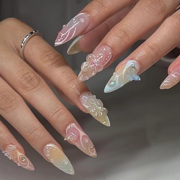 Press On Nails - Almond Colorful 3D Flower, Butterfly Designs - Medium, Glossy Summer Acrylic False Nails, Full Cover, Rhinestones, Glue On, Handmade for Women, Girls