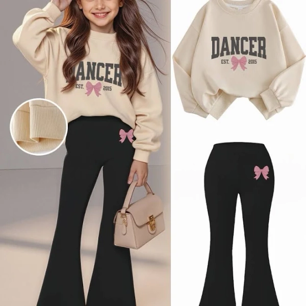 Girls' Letter Bow Print Sweatshirt and Flare Pants