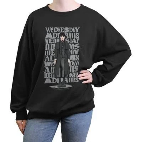 Juniors Women's Wednesday Cartoon Name Stack Sweatshirt