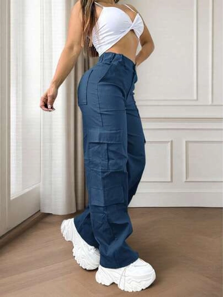 Solid Color Multi-Pocket Button Commuting Simple Y2K Casual Elegant Cute Work Pants Long Pants, Back To School, Clubs, Birthday Parties, Halloween, New Year, Thanksgiving, Concerts, Gym, Business, Daily Airport Wear, Street Wear, Teacher, Spring, Summer, Autumn And Winter Styles