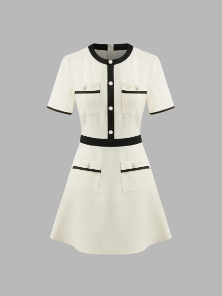 Tweed Round Neckline Contrasting Binding Pearl Button Mini Dress