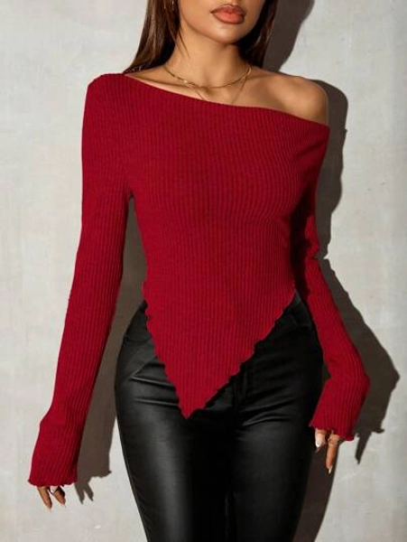 SHEIN SXY Grunge Asymmetrical Neck Rib-Knit Tee,Fall Women Going Out Tops - Size S