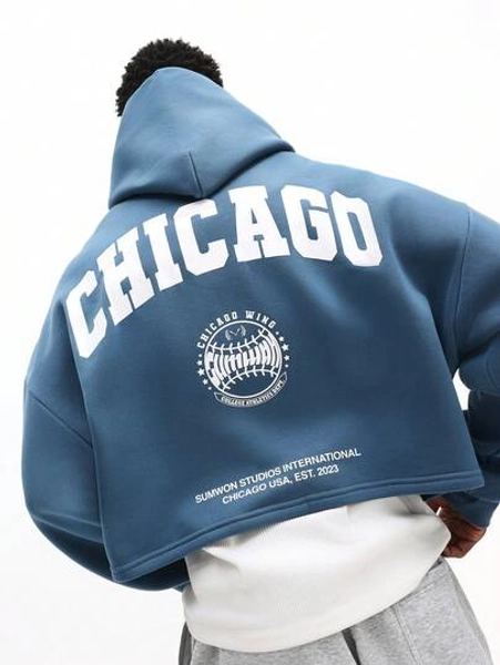 SUMWON Regular Drop Shoulder Pullover Hoodie With Centre Pocket And Chicago Print Design For Casual Winter Streetwear - Size L