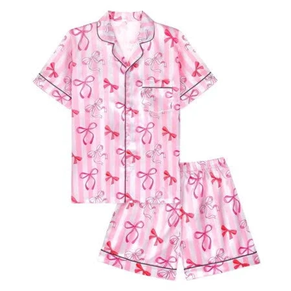 PASHOP Girls Silk Bow Satin Pajamas Set