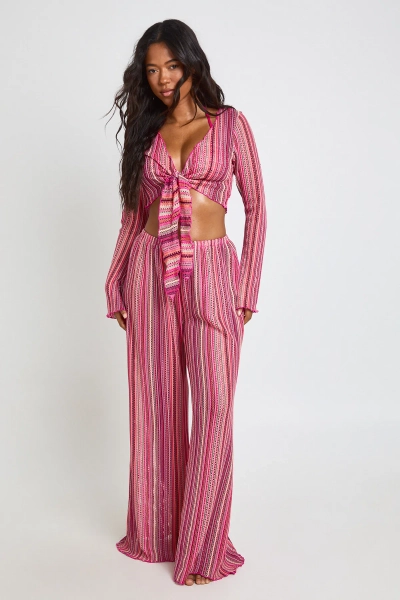 Pink Patterned Knitted Knot Top & Wide Leg Trouser Beach Co-ord | Boohoo NL